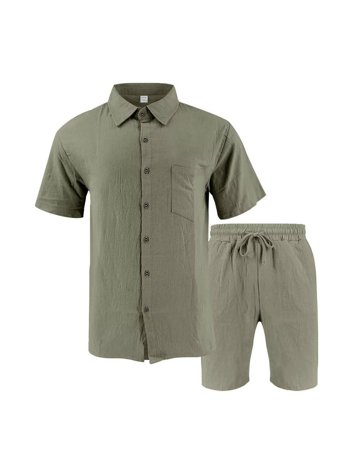 Men's Linen Short Sleeve Button Down Shirt and Shorts Set, Summer