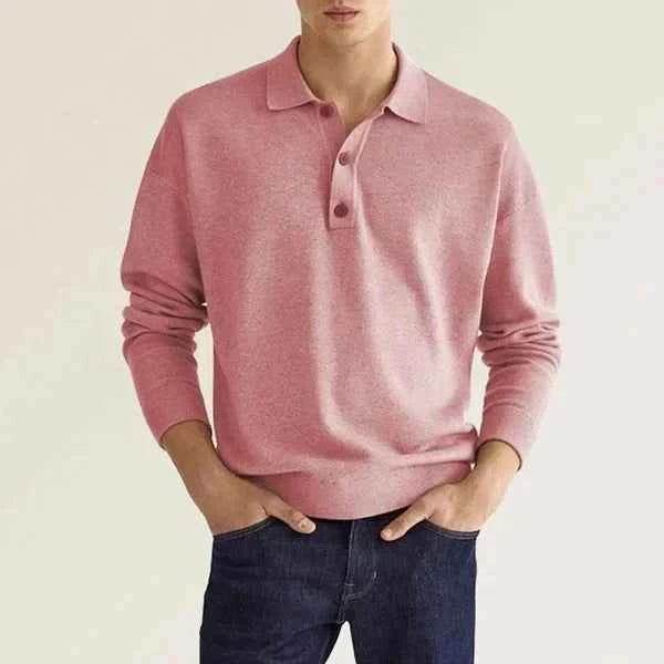 Men's Long Sleeve Polo Shirt – Regular Fit – Breathable Cotton – Ribbed Cuffs Pink