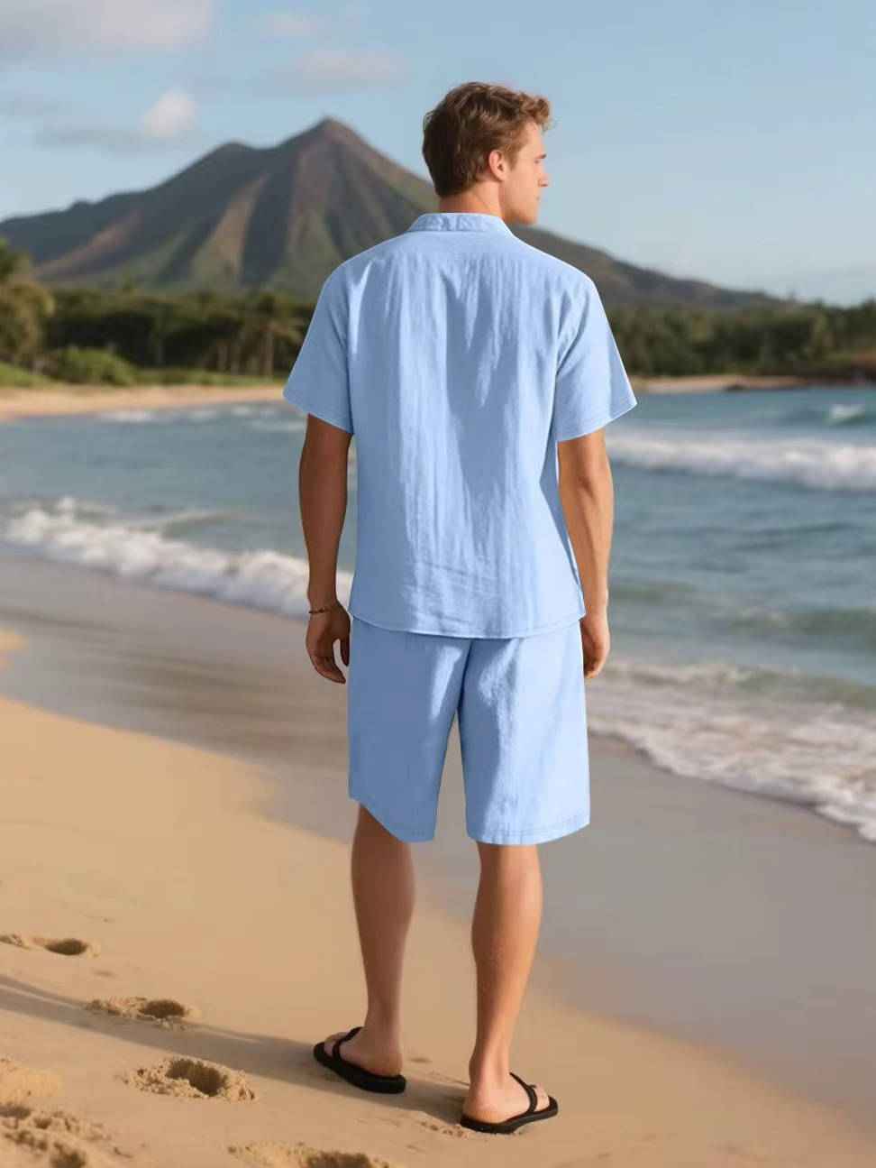 Men's Linen Short Sleeve Button Down Shirt and Shorts Set, Summer