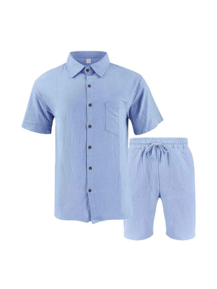 Men's Linen Short Sleeve Button Down Shirt and Shorts Set, Summer
