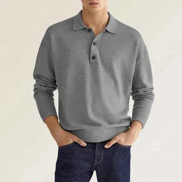 Men's Long Sleeve Polo Shirt – Regular Fit – Breathable Cotton – Ribbed Cuffs Grey