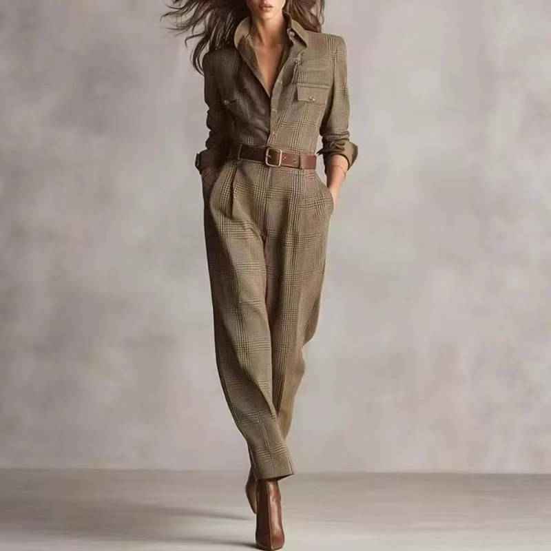 Women's Tailored Long Sleeve Plaid Jumpsuit with Belt