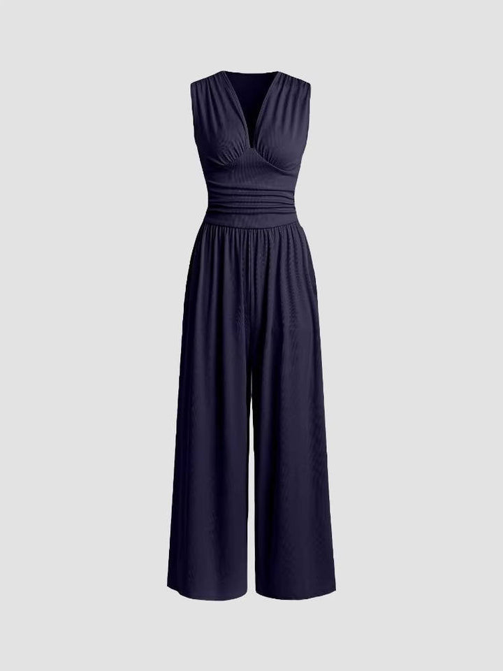 Dame ribstrikket ærmeløs jumpsuit med dyb V-hals og vid ben-design