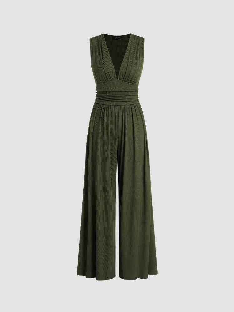 Women's Rib Knit Sleeveless Jumpsuit, Deep V Neck Wide Leg Design