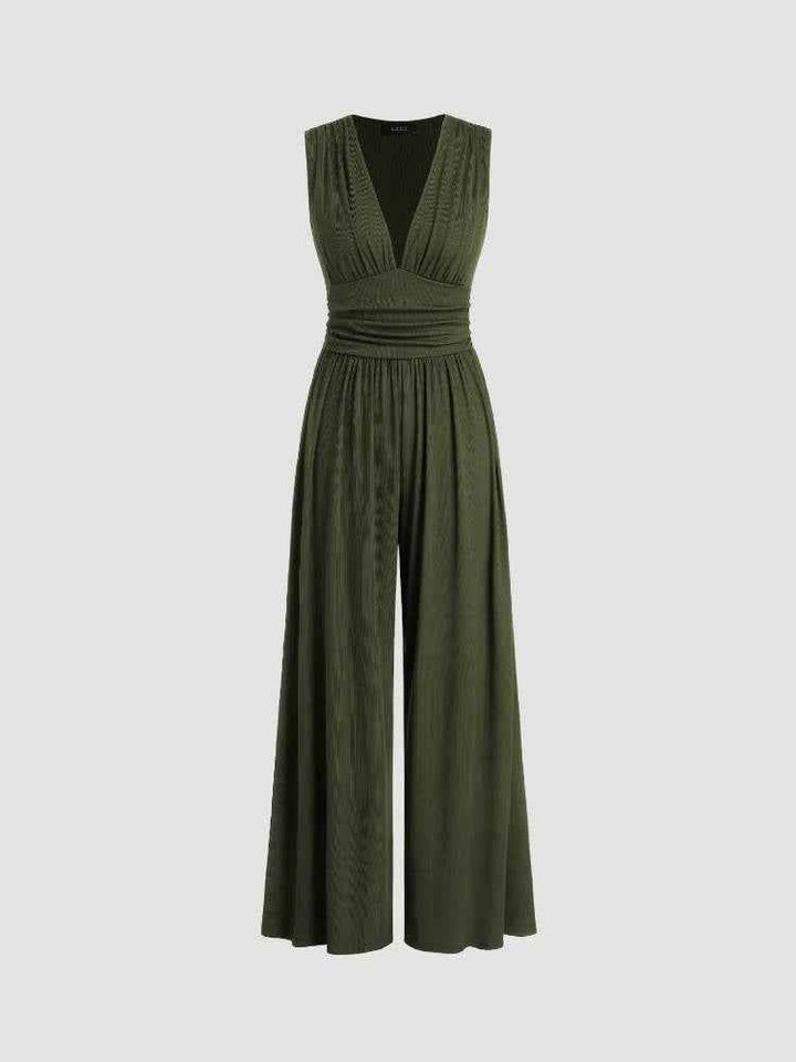 Women's Rib Knit Sleeveless Jumpsuit, Deep V Neck Wide Leg Design