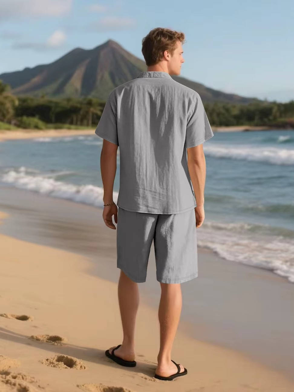 Men's Linen Short Sleeve Button Down Shirt and Shorts Set, Summer