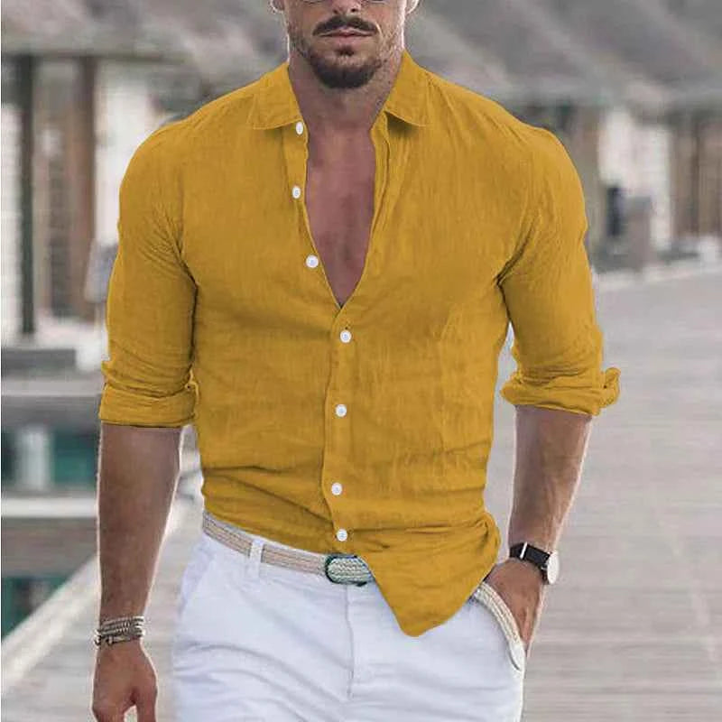Men's Linen Shirt with Classic Turn-Down Collar Yellow