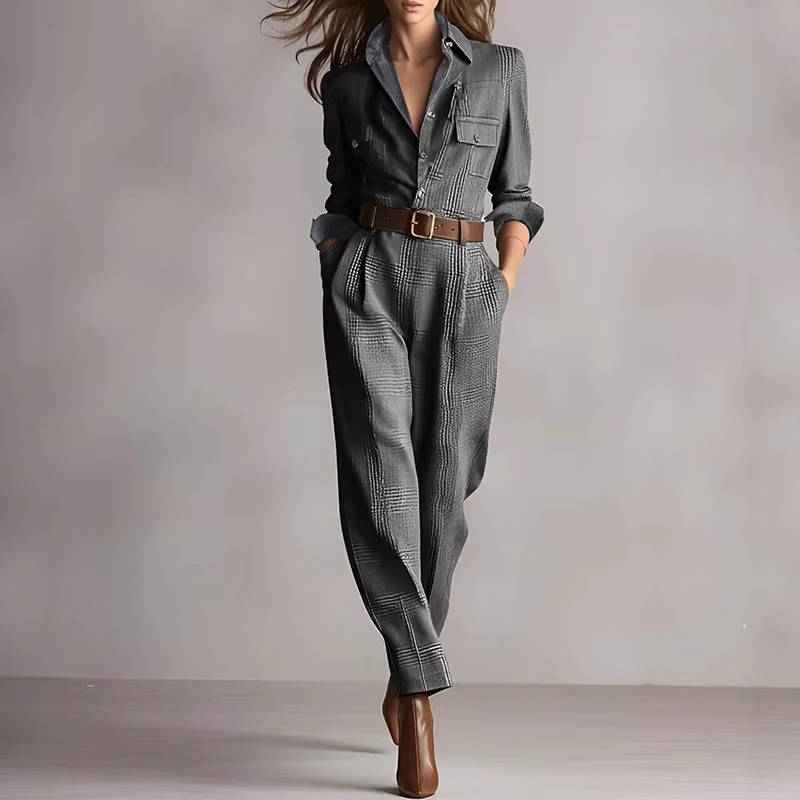 Women's Tailored Long Sleeve Plaid Jumpsuit with Belt