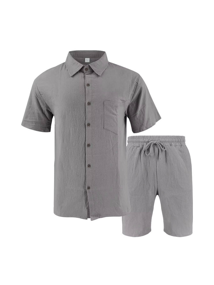 Men's Linen Short Sleeve Button Down Shirt and Shorts Set, Summer