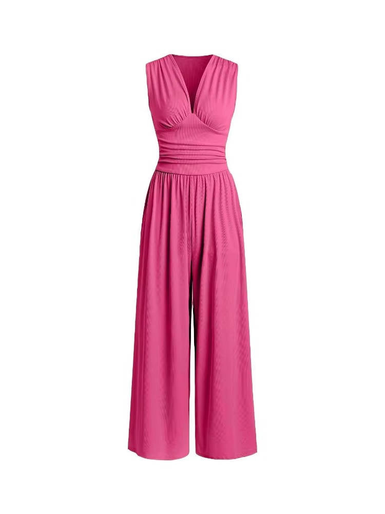 Dame ribstrikket ærmeløs jumpsuit med dyb V-hals og vid ben-design
