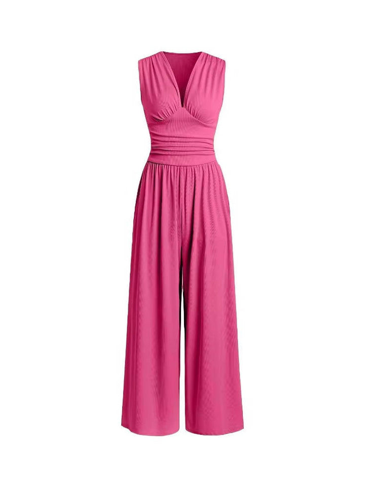 Dame ribstrikket ærmeløs jumpsuit med dyb V-hals og vid ben-design