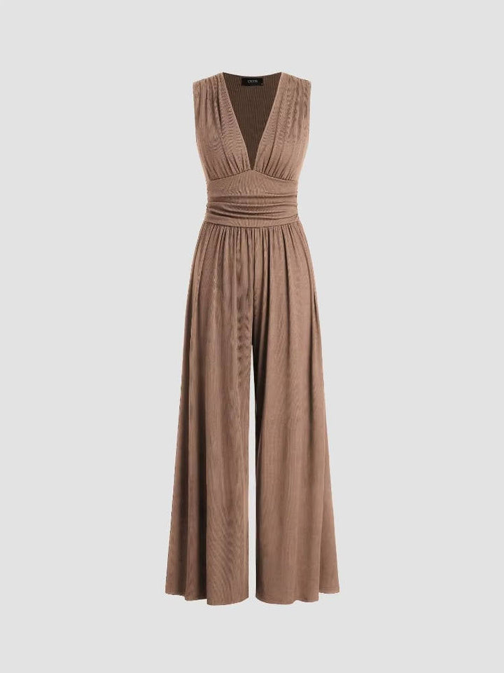 Dame ribstrikket ærmeløs jumpsuit med dyb V-hals og vid ben-design