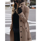 Women's Slim Fit Wool Coat - Long Sleeve, Single-Breasted, Stand-Up Collar with Belt Khaki