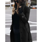 Women's Slim Fit Wool Coat - Long Sleeve, Single-Breasted, Stand-Up Collar with Belt Black