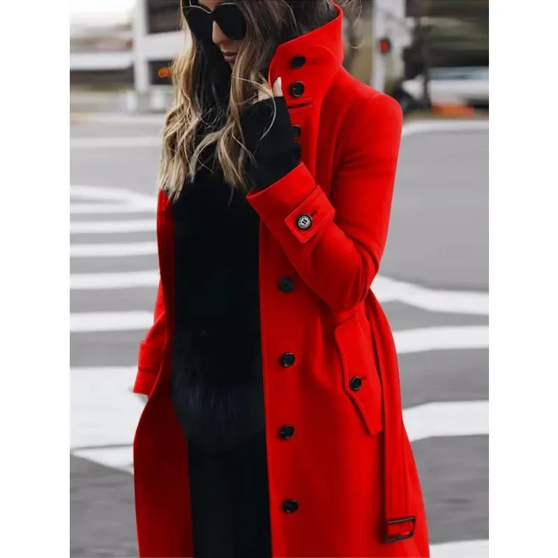 Women's Slim Fit Wool Coat - Long Sleeve, Single-Breasted, Stand-Up Collar with Belt Red