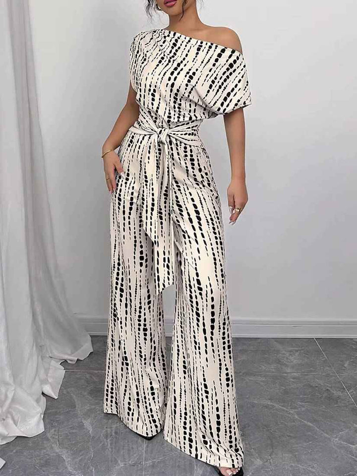 Women's Asymmetric One Shoulder Patterned Jumpsuit with Tie Waist