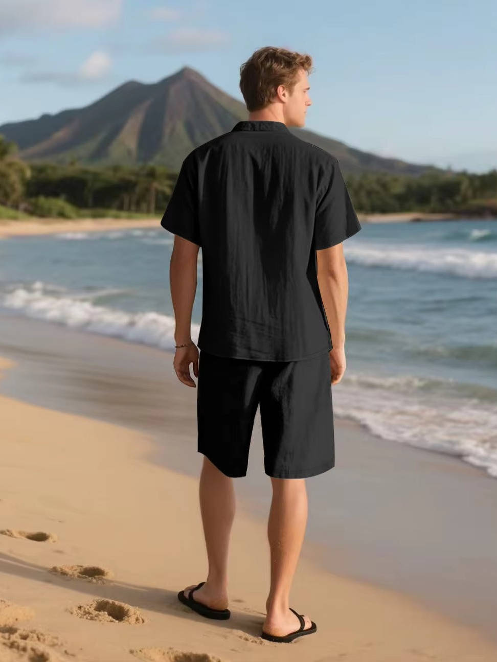 Men's Linen Short Sleeve Button Down Shirt and Shorts Set, Summer