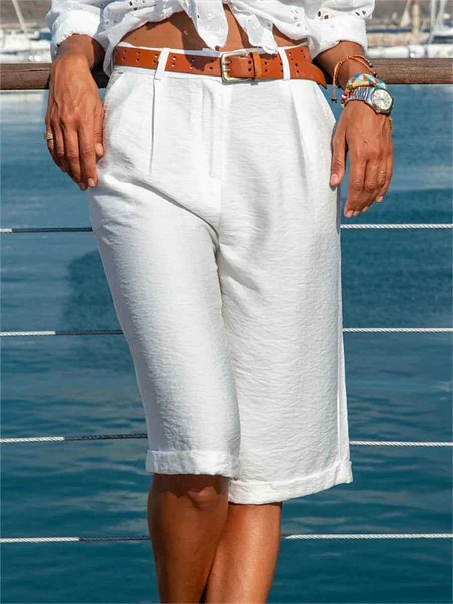 Women's Knee-Length Relaxed Fit Shorts with Side Pockets and Cuffed Hem - Natural Texture White