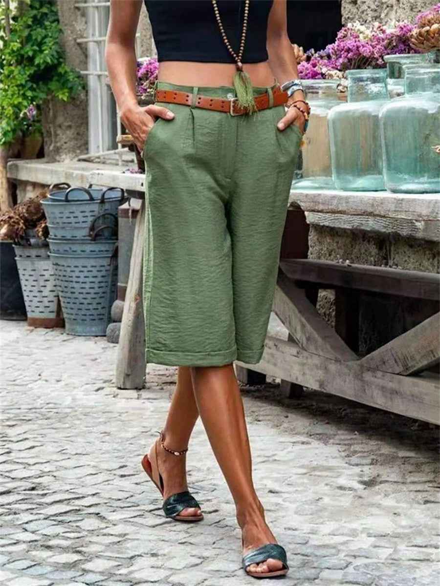 Women's Knee-Length Relaxed Fit Shorts with Side Pockets and Cuffed Hem - Natural Texture Army Green
