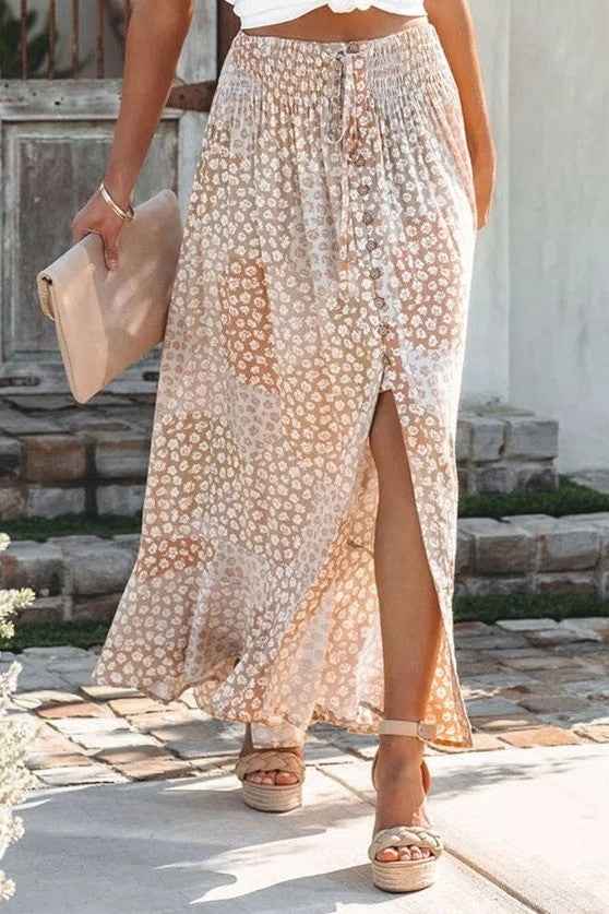 Women's Floral Print Maxi Skirt – Elastic Waist – Loose-Fitting – Lightweight Fabric Brown