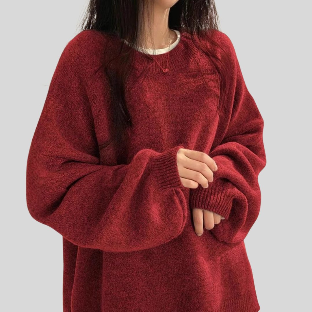 Women's Crewneck Oversized Cropped Ribbed Cuffs Long Sleeve Sweater Red One Size