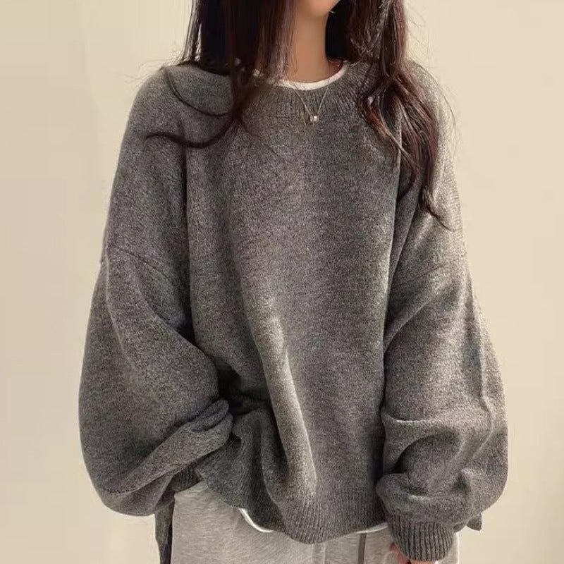 Women's Crewneck Oversized Cropped Ribbed Cuffs Long Sleeve Sweater Grey One Size