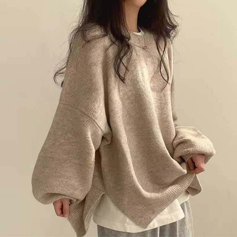 Women's Casual Oversized Sweater with Crew Neck and Long Sleeves Khaki One Size