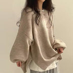 Women's Crewneck Oversized Cropped Ribbed Cuffs Long Sleeve Sweater Khaki One Size