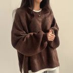 Women's Crewneck Oversized Cropped Ribbed Cuffs Long Sleeve Sweater Brown One Size