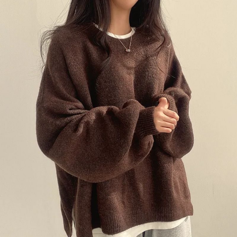 Women's Crewneck Oversized Cropped Ribbed Cuffs Long Sleeve Sweater Brown One Size