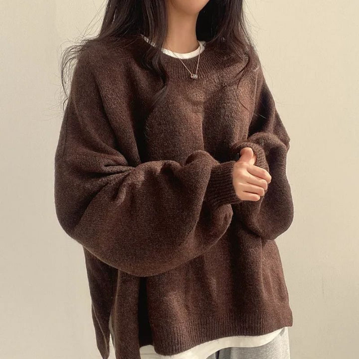 Women's Casual Oversized Sweater with Crew Neck and Long Sleeves Brown One Size