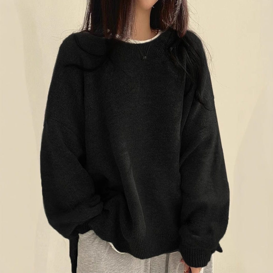 Women's Casual Oversized Sweater with Crew Neck and Long Sleeves Black One Size
