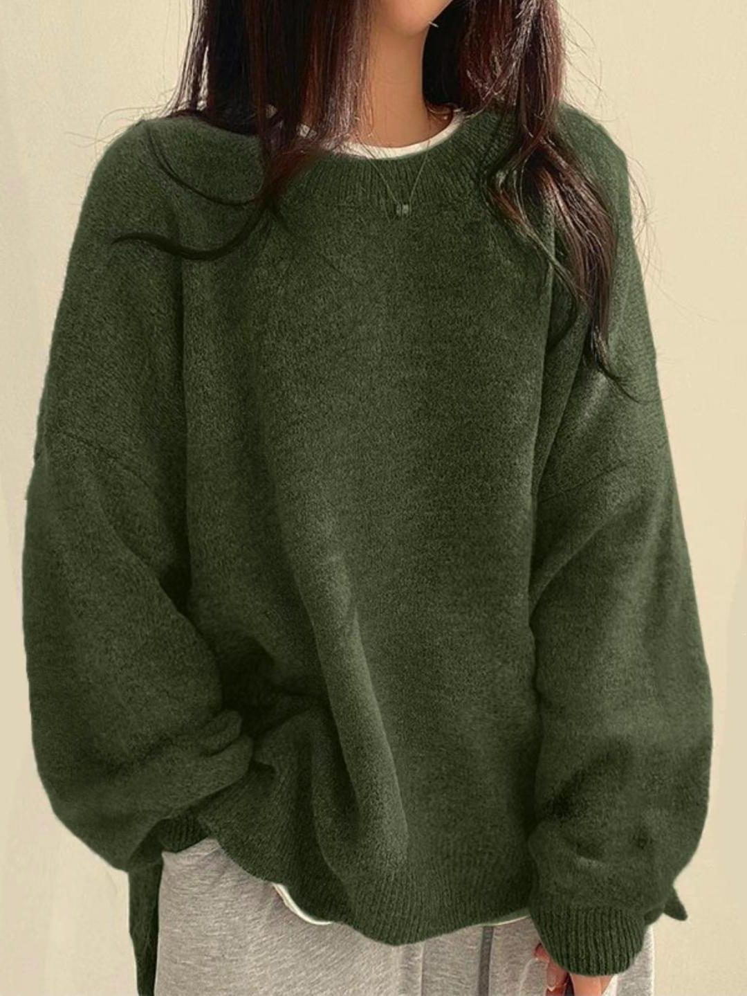 Women's Casual Oversized Sweater with Crew Neck and Long Sleeves Green One Size
