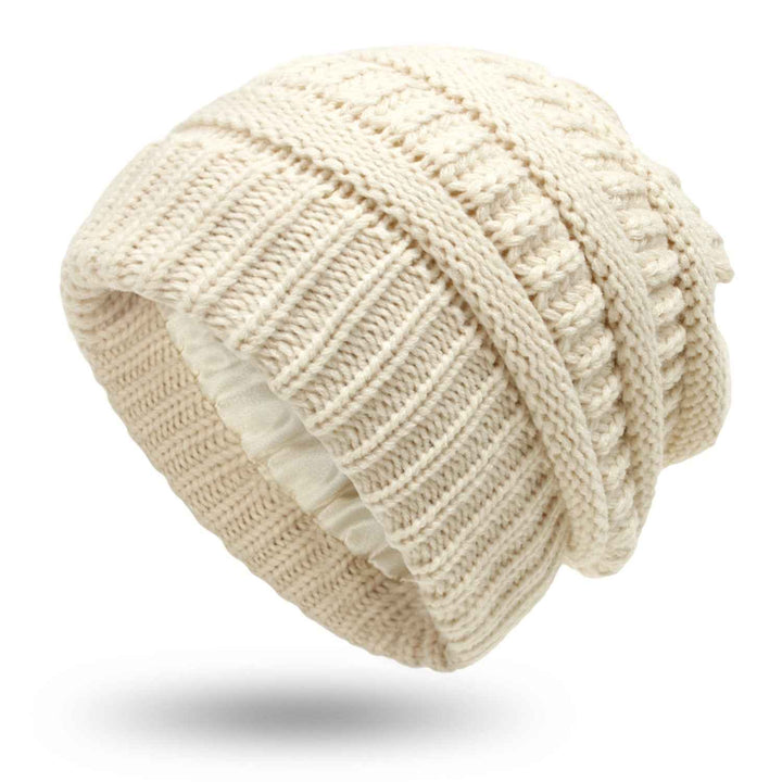 Warm Woolen Knit Satin Hats for Women's Protective Hairstyles