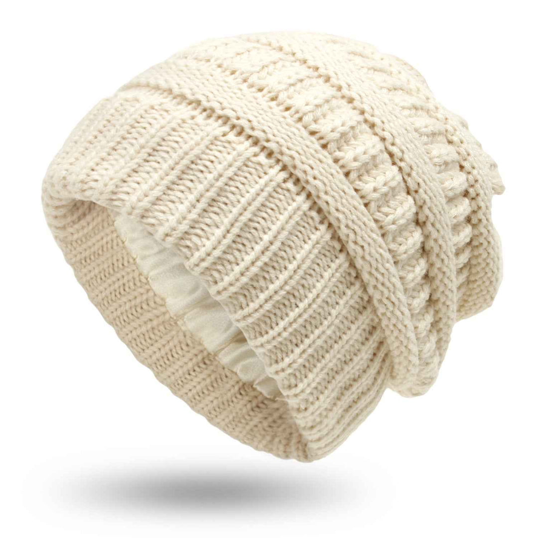 Warm Woolen Knit Satin Hats for Women's Protective Hairstyles Beige One size