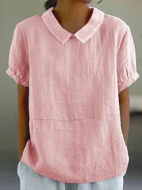 Women's Short Sleeve Collared Linen Blouse Pink