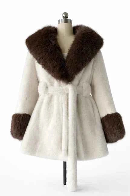 Women's Plush Faux Fur Trim Belted Coat with Statement Collar Coffee White