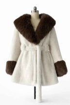 Women's Plush Faux Fur Trim Belted Coat with Statement Collar Coffee White
