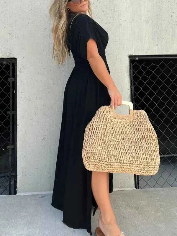 Women's Elegant Deep V-Neck Maxi Dress - Tailored Fit with Split Skirt