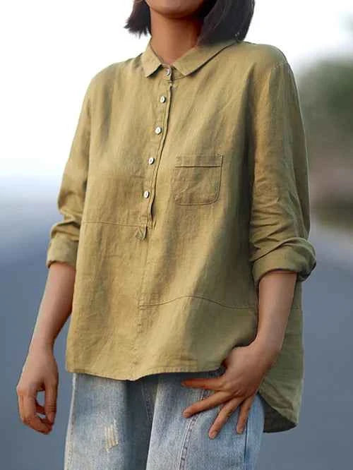 Women's Relaxed Fit Linen Shirt – Long Sleeve – Breathable Classic Collar