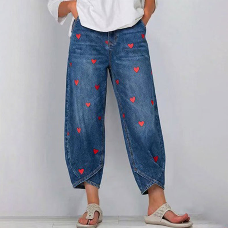 Women's Heart Print Barrel Leg Jeans