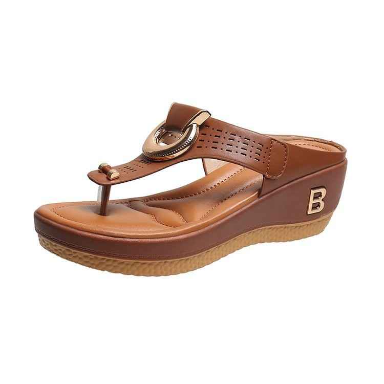 Women's High Heel Wedge Thong Sandals with Metal Accents Dark brown