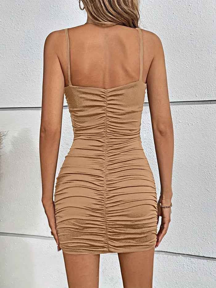 Women's Mini Bodycon Dress – V-Neck, Spaghetti Straps, Ruffled Slim Fit
