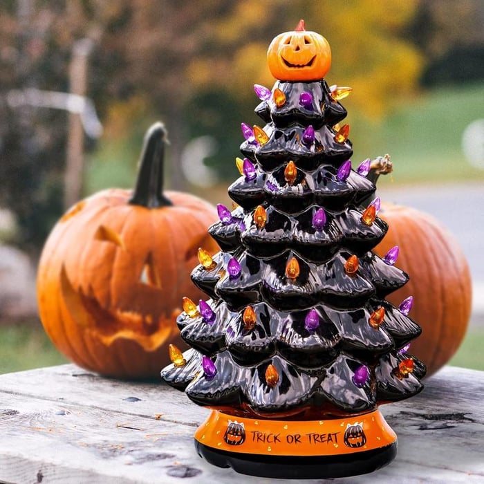 Halloween's LED Ceramic Holiday Tree with Purple Orange Beads Finish