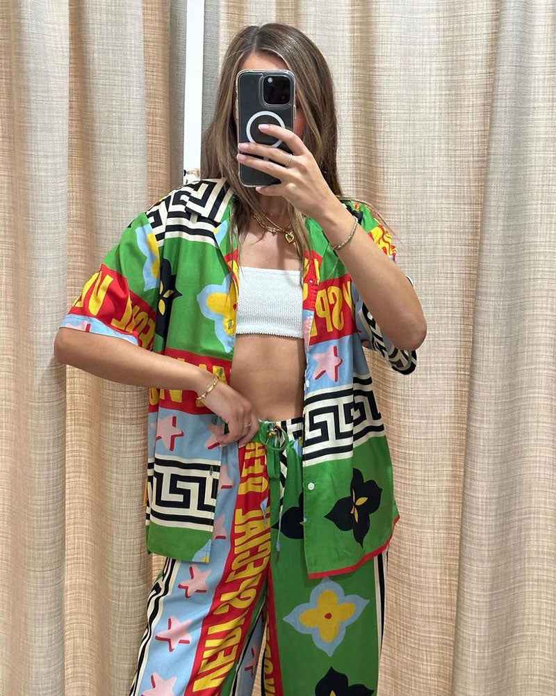 Women's Graphic Print Co-ord Set – Short Sleeve Blouse & Wide High Waist Pants