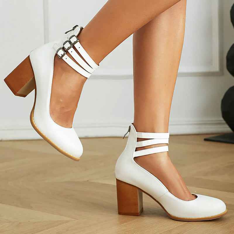 Casilda | Smooth Sandals with Ankle Strap and Thick Heel White