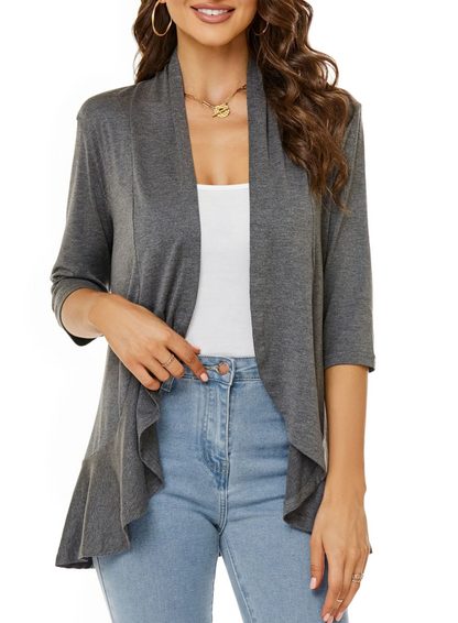 Women's Knit Open Front Longline Relaxed Fit Buttons Solid Cardigan Gray