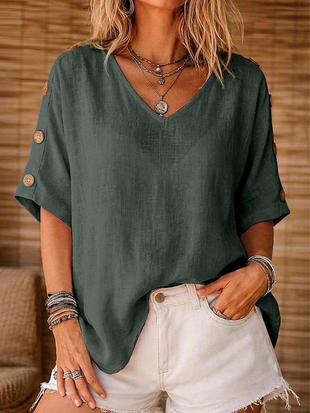 Women's Relaxed Button-Sleeve Blouse Green