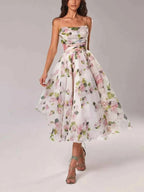 Women's Floral Print A-Line Midi Dress with Spaghetti Straps – Chiffon Look Apricot