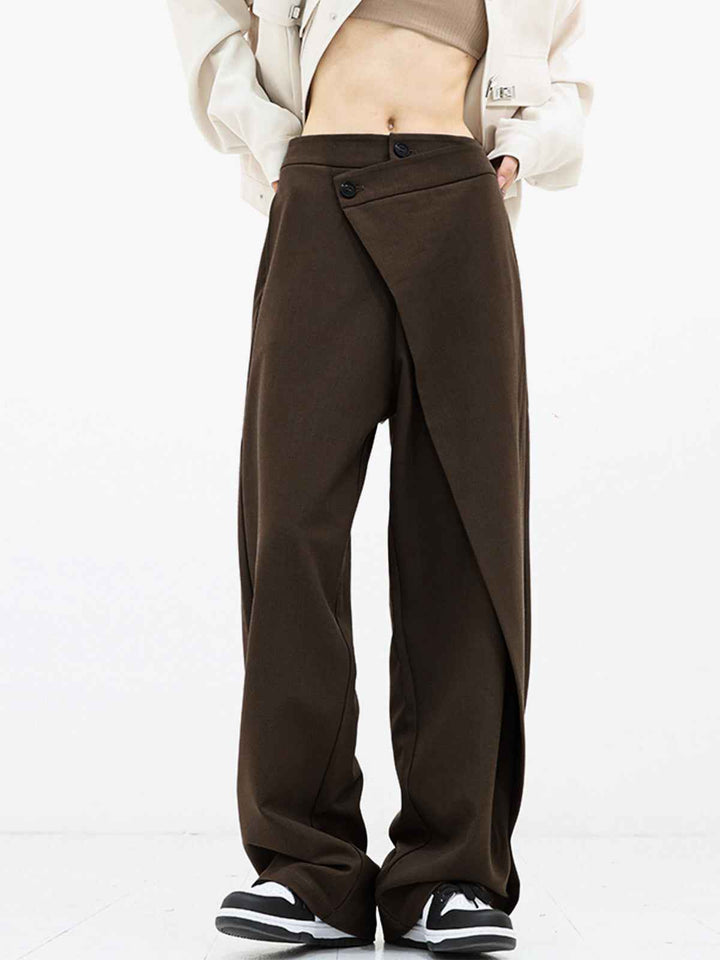 Women's High Waist Asymmetrical Wide Leg Pants - Elegant Fit Dark Brown